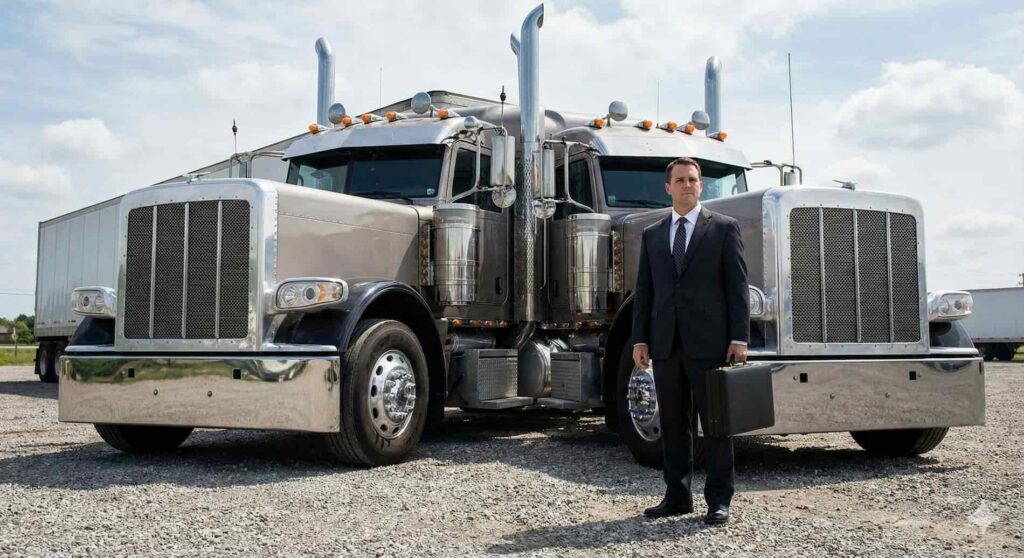 A Berniard Law Firm attorney in a suit standing in a gravel lot next to a large, commercial 18-wheeler semi-truck.